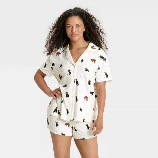 Women's Halloween Short Sleeve Collar Shirt and Shorts Pajama Set