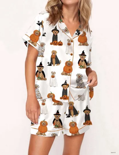 Discover Golden Retriever Halloween Ghost Dogs Satin Pajama Set Soft Breathable Sleepwear