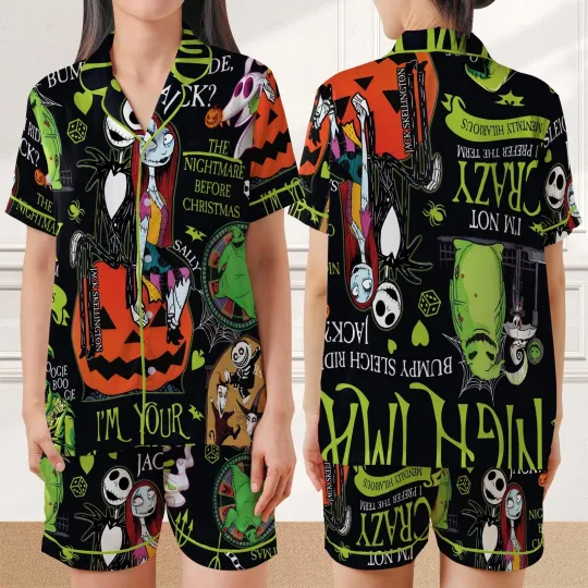 The Nightmare Before Christmas Horror Halloween Satin Short-Sleeve Pajamas Set