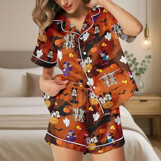 Discover Halloween Mickey & Minnie Mummy Pumpkin Satin Short-Sleeve Pajamas Set