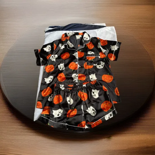 Women's Satin Halloween Pajama Set Button Up Short Sleeve Top and Shorts, Large