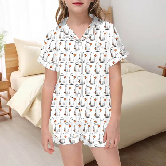 Girls Halloween Pajama Set Cute Button Up Top And Shorts Sleepwear Outfit For