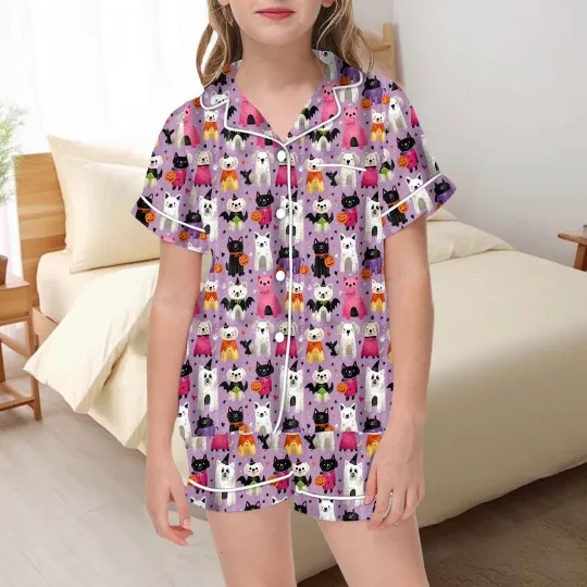 Girls Halloween Pajama Set Cute Button Up Top And Shorts Sleepwear Outfit For