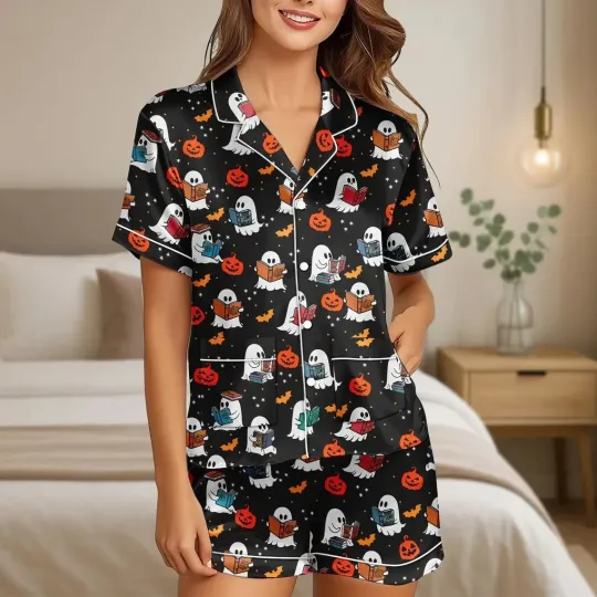 Discover Halloween Satin Pajamas Set, Ghost Reading Book Sleepwear, Pumpkin Fall Set Gift
