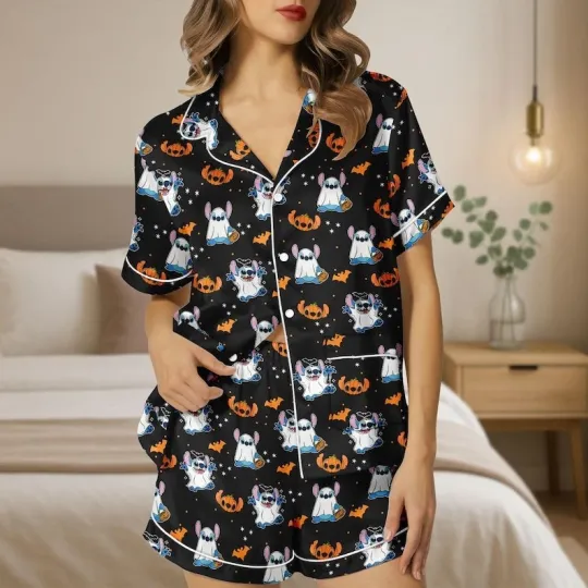 Stitch Cosplay Ghost Halloween Trick Or Treat Satin Short-Sleeve Pajamas Set