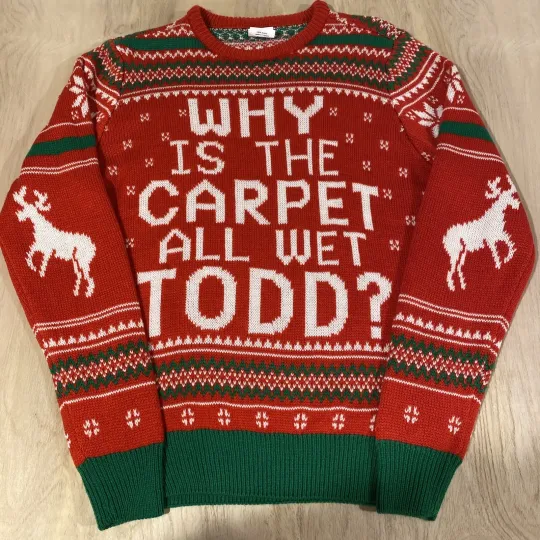 Discover Christmas Vacation Ugly Christmas Sweater Unisex L Red Why is The Carpet Wet