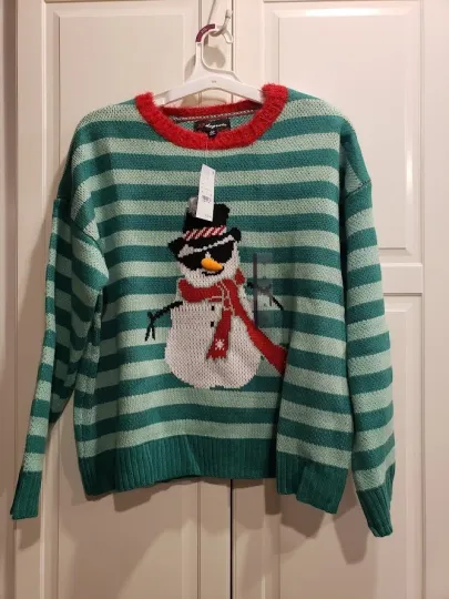 Discover 33 Degrees Green Striped SNOWMAN Sweater - Ugly Christmas - Womens XL - NEW