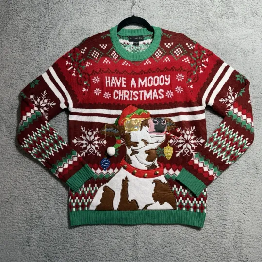 Ugly Xmas Sweater  “Christmas Moooy Cow” Ugly Christmas Sweater w Bells Large L