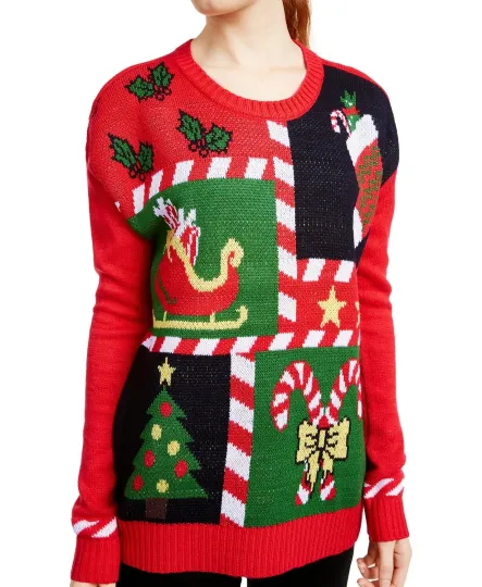 Discover Juniors' Candy Cane Box Ugly Christmas Holiday Sweater- X-Small