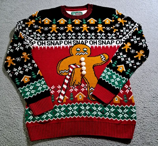 Discover Ugly Christmas Sweater Unisex Gingerbread Man "Oh Snap" Sweater / Size Large