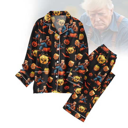 Funny Trump Halloween Pajamas, Cartoon Pumpkin PJ Set, Donald Trump Fall Sleepwear, Political Costume Loungewear, Halloween Gift