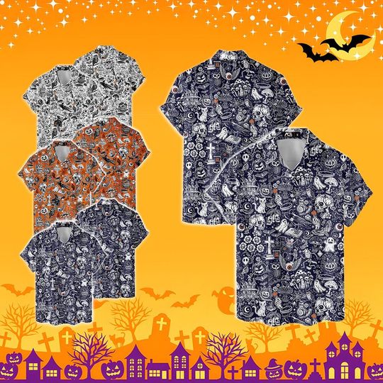 Halloween Hawaiian Shirt Vintage Ghost Pumpkin Skeleton Skull Shirt Men Hawaiian Halloween Shirt for Men