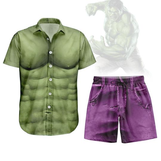 Discover Hulk Green Cosplay Button Shirt, The Incredible Hulk Character Hawaiian Shirt, Men Shorts, Avengers Superhero Outfit For Halloween Gift