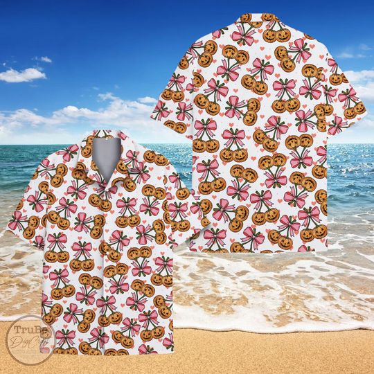 Discover Coquette Cherry Pumpkin Hawaiian Shirt, Cute Pumpkin Bow Button Shirt, Girly Halloween Aloha Shirt, Halloween Gift, Cherry Pumpkin Shirt