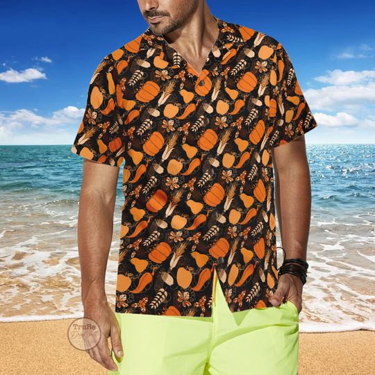 Discover Thanksgiving Hawaiian Shirt, Fall Pumpkin Corn Button Shirt, Autumn Feast Floral Aloha Tee, Halloween Short Sleeve Shirt, Men Hawaii Shirt