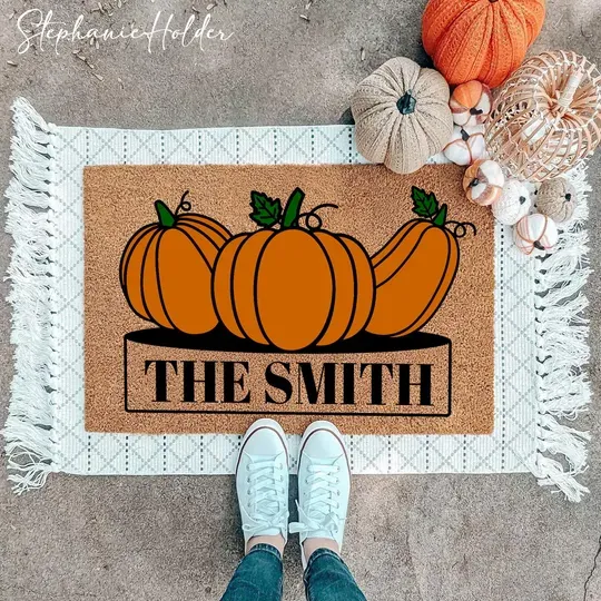 Pumpkin Doormat, Fall Autumn Decor, Halloween Decor, Housewarming Gift, Custom Family Name Pumpkin Door Mat