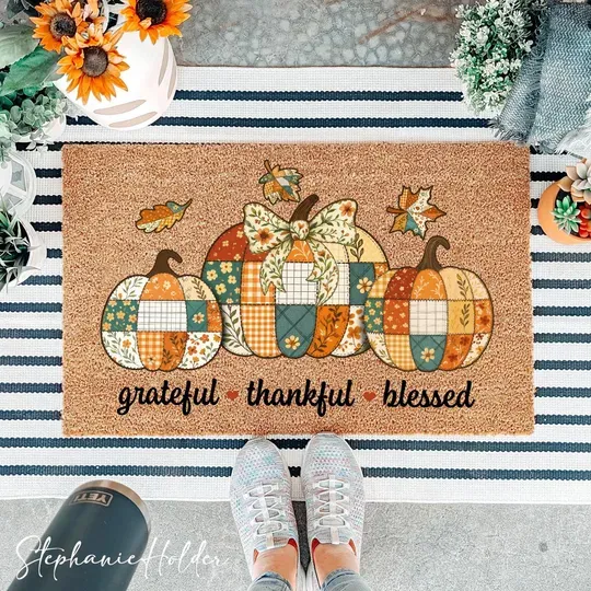 Floral Pumpkin Fall Doormat, Thankful Grateful Blessed Doormat, Thanksgiving Decor, Farmhouse Doormat, Housewarming Gift