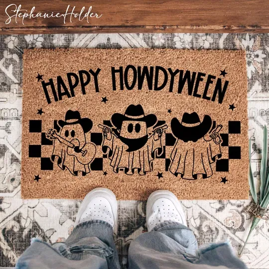 Howdy Cowboy Ghost Doormat, Funny Western Halloween Doormat, Cute Spooky Ghost Howdy Doormat