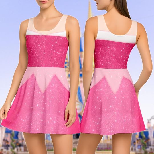 Aurora Princess Skater Dress, Disney Pink Princess Cosplay Women Dress, Halloween Party Dress