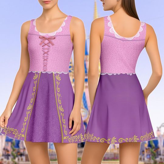 Rapunzel Princess Skater Dress, Disney Tangled Princess Cosplay Women Dress, Halloween Party Dress