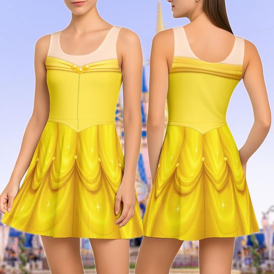 Belle Princess Skater Dress, Disney Princess Cosplay Women Dress, Beauty And The Beast Casual Dress, Halloween Party Dress