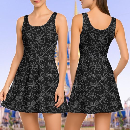 Halloween Spider Skater Dress, Spider Web Women Dress, Spooky Gothic Party Outfit For Women, Funny Halloween Dress