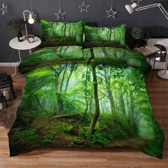 Discover Green Forest Trees Quilt Duvet Cover Set with Pillowcases, 3D Print