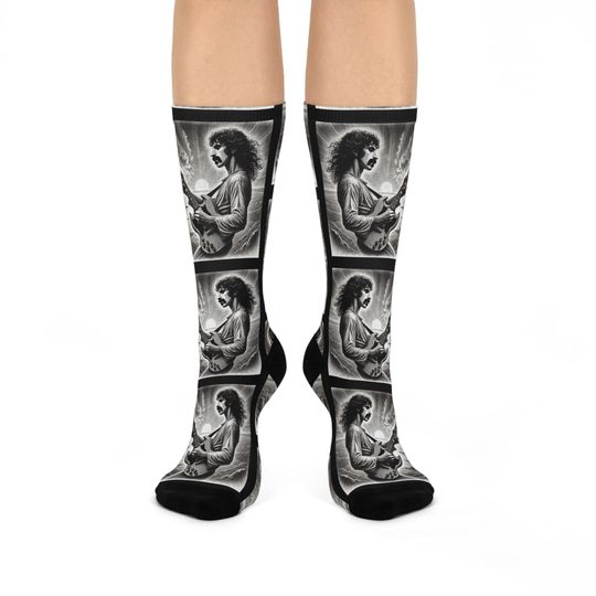 Discover Zappa-Inspired Black-and-White Guitarist Art Socks - Pencil Sketch Music-Inspired Design Cushioned Crew Socks