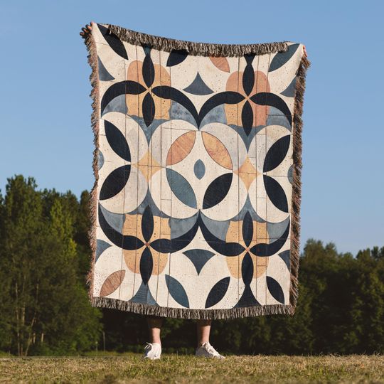 Mid Century Modern Woven Blanket with Geometric Art Deco