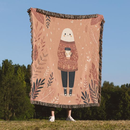Cozy Fall Woven Blanket with Autumn Leaves Cottagecore