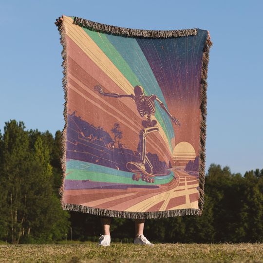 Discover Skeleton Skateboarder Woven Blanket with Psychedelic Rainbow