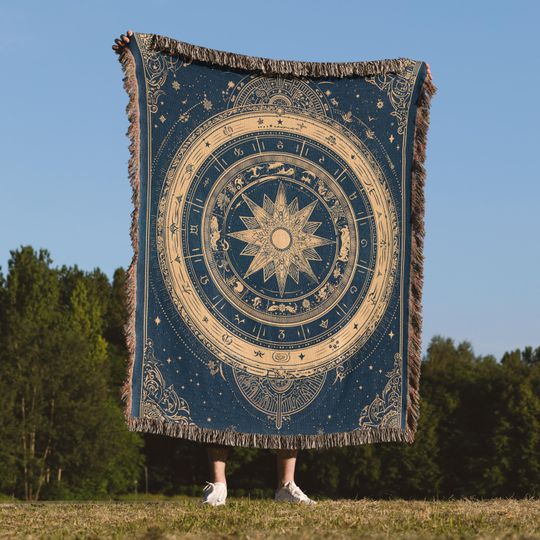 Zodiac Woven Blanket, Celestial Astrology Tapestry
