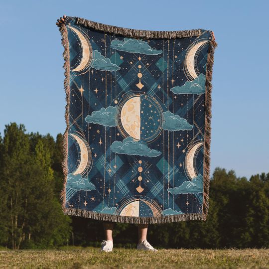 Discover Celestial Woven Throw Blanket with Moon Phase and Starry Night Pattern for Home Decor