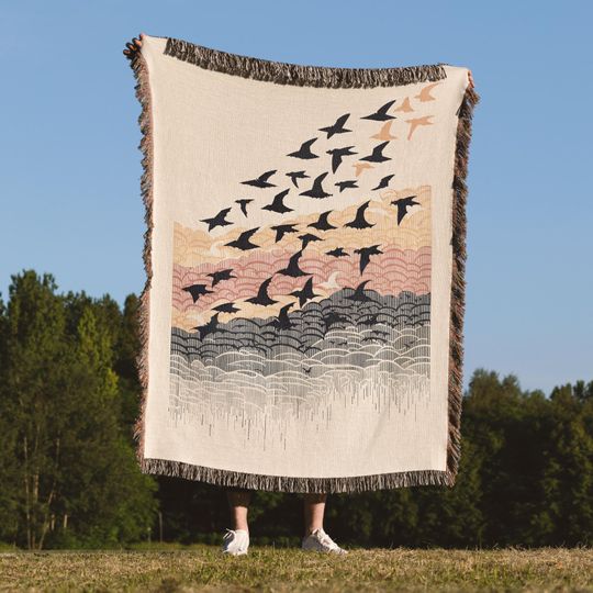Discover Bird Pattern Woven Blanket, Nature Throw, Abstract Minimalist Decor