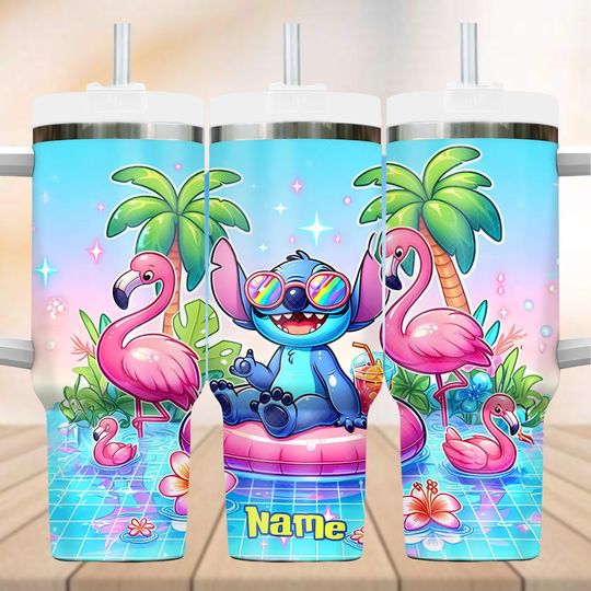 Discover Custom Stitch Flamingo Tumbler 40oz, Disney Stitch Summer Tumbler, Disneyland Vacation Tumbler, Cartoon Pool Party Stitch