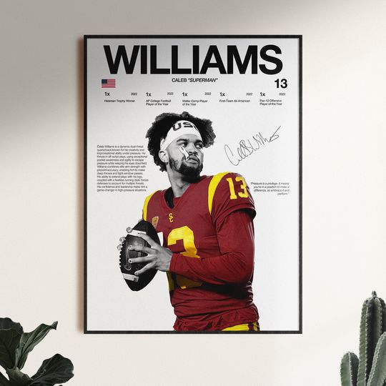 Caleb Williams Poster, Football Wall Art, Sports Home Decor, Football Player Print, Sports Room Artwork