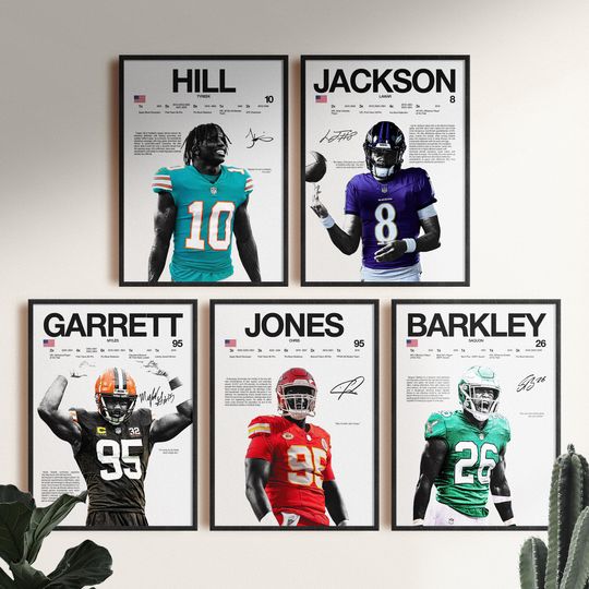 Discover Tyreek Hill Lamar Jackson Garrett Jones Barkley Poster Bundle - Football Wall Art for Game Room Decor