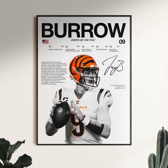 Joe Burrow Football Poster, Cincinnati Bengals Wall Art, Man Cave Decor, Vertical Premium Matte Print