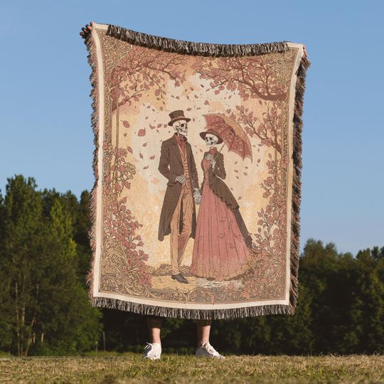 Discover Skeleton Couple Woven Blanket with Victorian Gothic Autumn Design