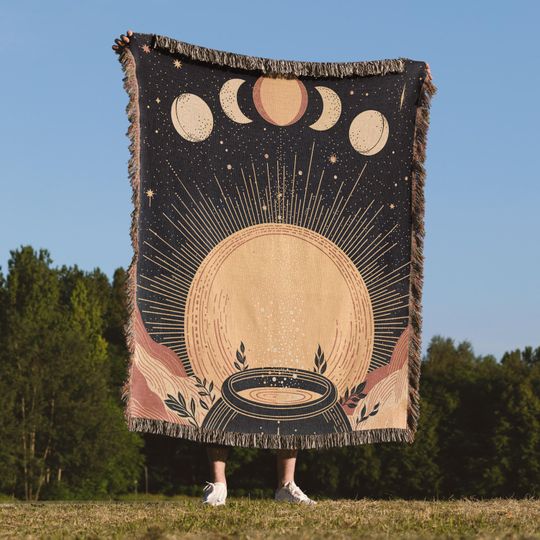 Celestial Woven Blanket with Moon Phase Pattern, Sun and Moon Astrology Throw
