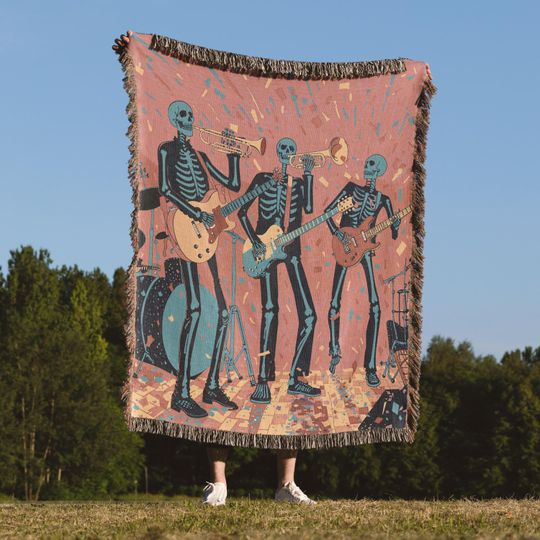 Discover Skeleton Band Woven Blanket - Neon Psychedelic Skull Art