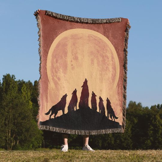 Discover Wolf Moon Woven Blanket, Howling Wolves Silhouette, Full Moon Forest Wall Art
