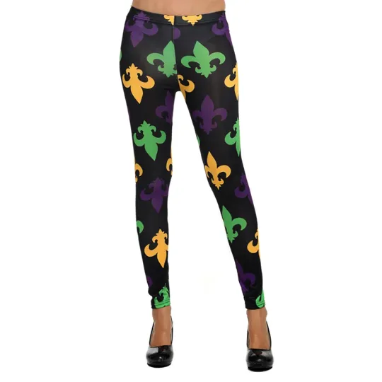 Women's Black Mardi Gras Fleur De Lis Printed Leggings