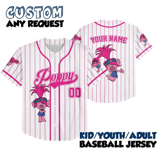 Personalized Trolls Baseball Jersey, Queen Poppy Branch Trolls Band Together Group Kid Youth Adult Team, Trolls Family Birthday Party Theme