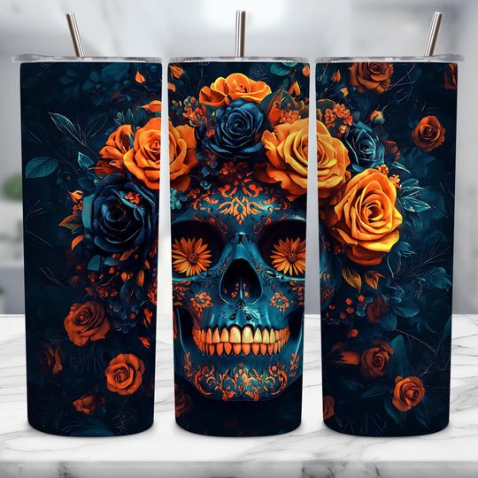 Halloween Floral Skull Tumbler with Lid and Straw