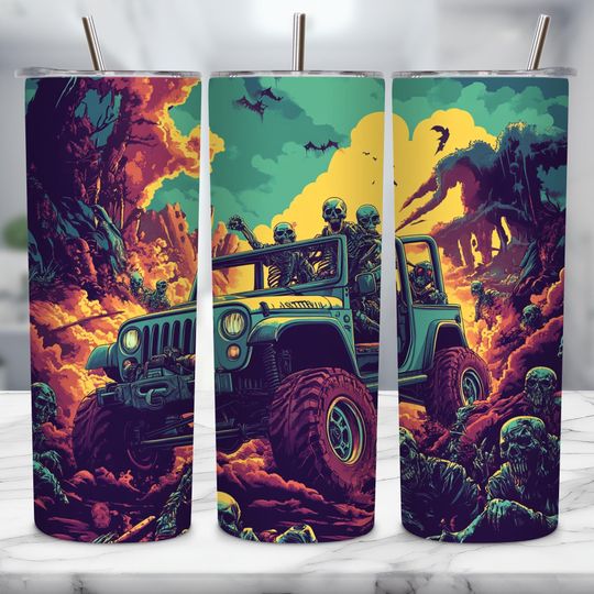 Skeleton Jeep Tumbler with Lid and Straw, Halloween Horror Tumbler, Spooky Tumbler