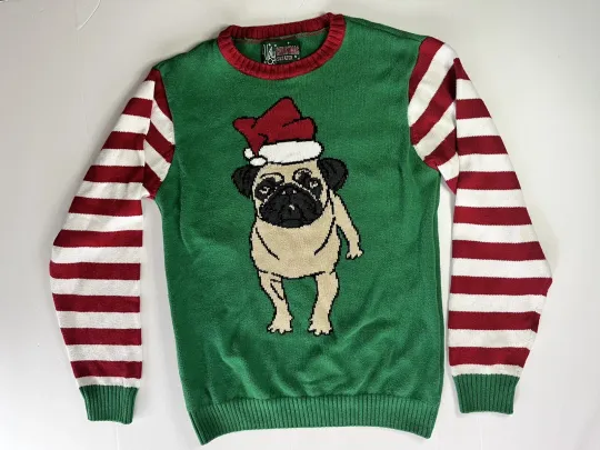 Christmas Sweater Unisex Ugly Sweater Cute Pug Green Red Stripes Size Large