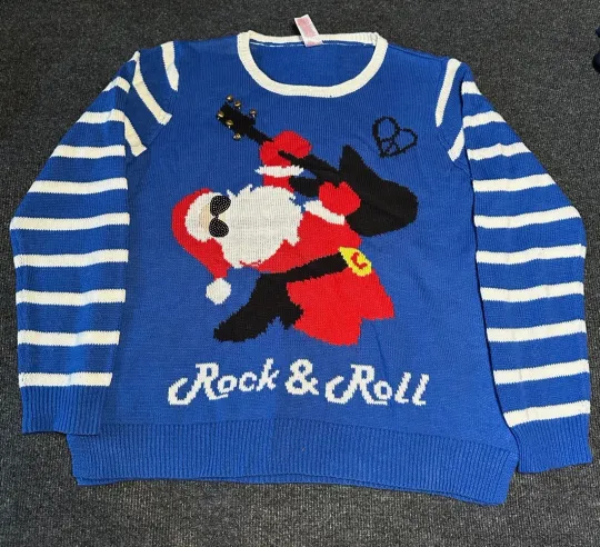 Discover Holiday Time Ugly Christmas Sweater Blue Rock & Roll Santa Size XL V29