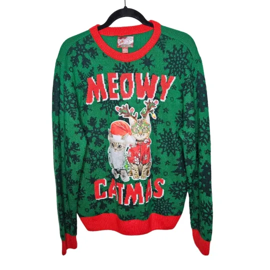 Discover Ugly Christmas Sweater Meowy Catmas Party Sweater Dec. 25th Green Red Sz Large