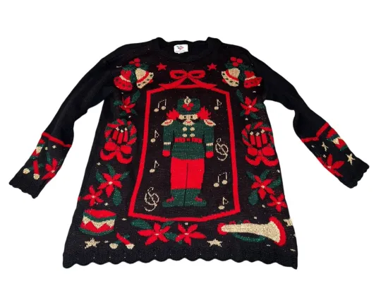Nutcracker Christmas Holiday Sweater Bears Ornaments Size L Made in USA Ugly